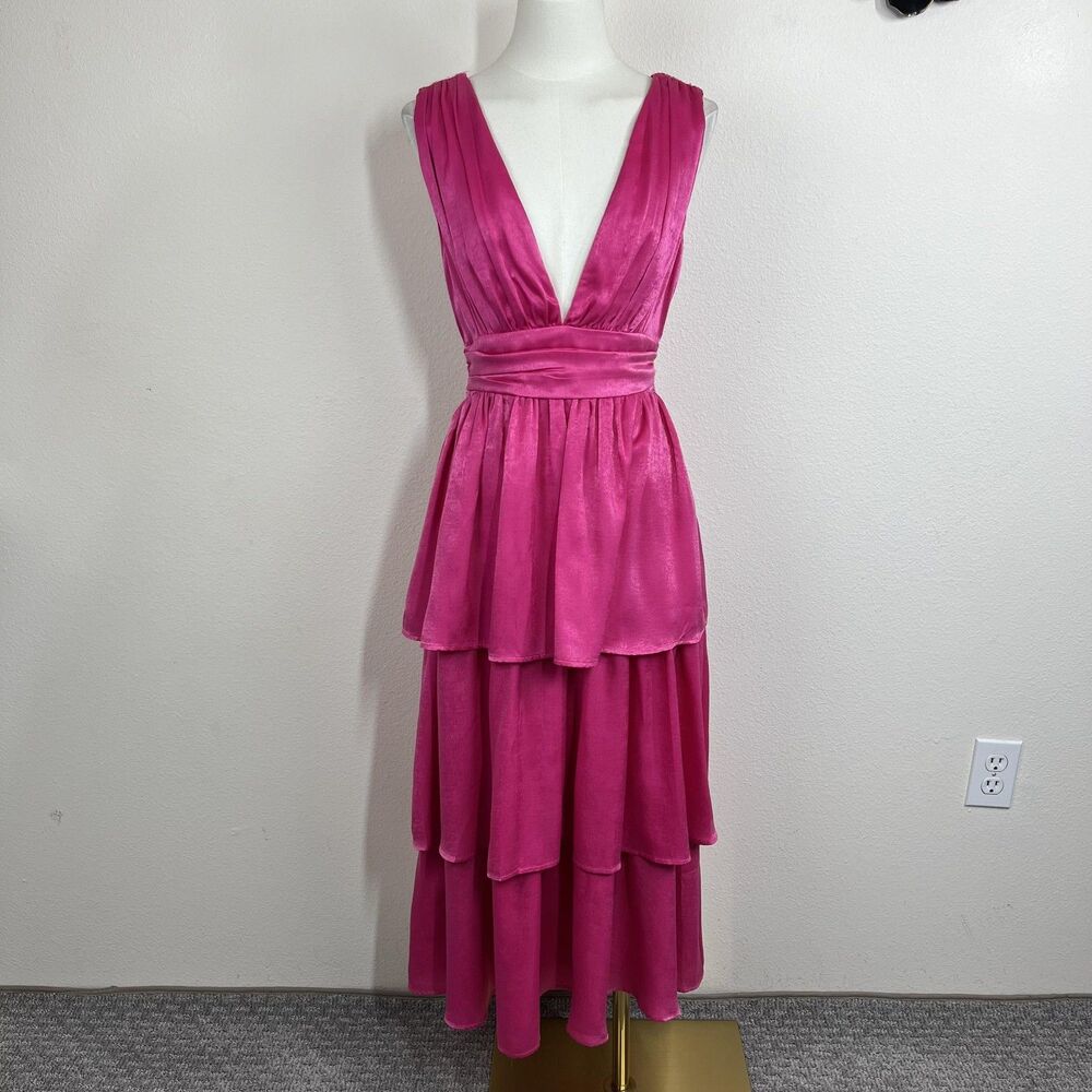 Lulus Dress Womens Small Pink Satin Tiered Midi Belted Party Wedding Prom